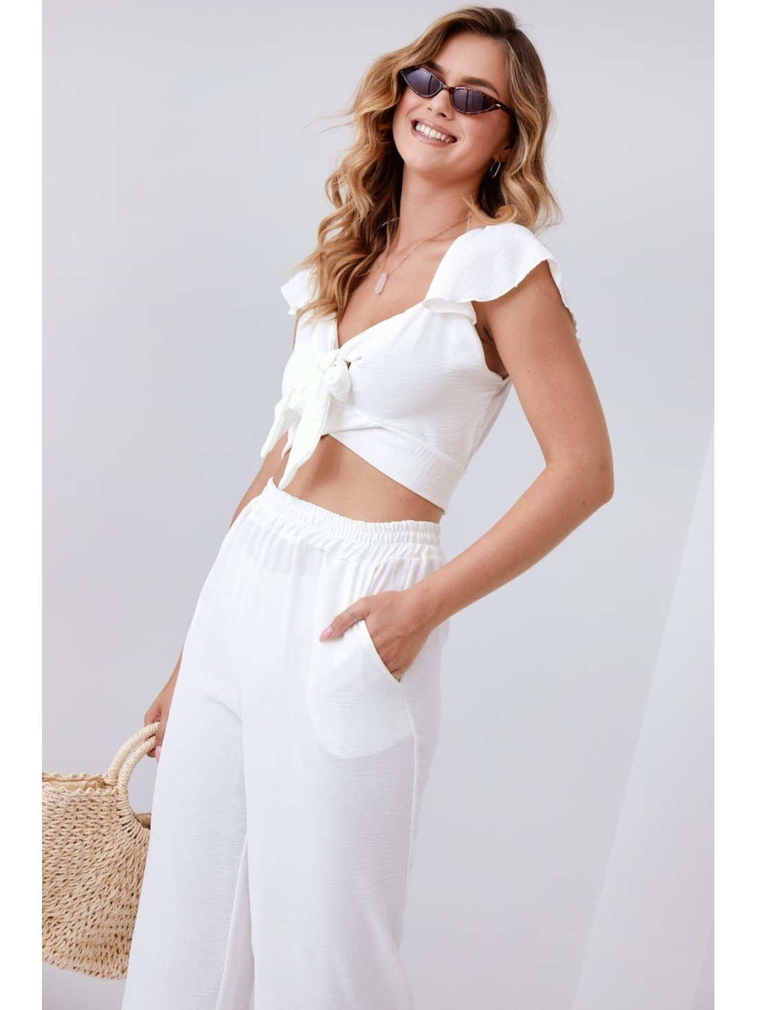 Set crop top Ekri cu pantaloni largi 8108 - Magazin online - Boutique